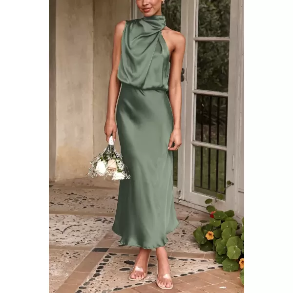 imagePRETTYGARDEN Womens 2024 Summer Satin Dress Elegant Sleeveless Mock Neck Cocktail Party Maxi DressesArmy Green