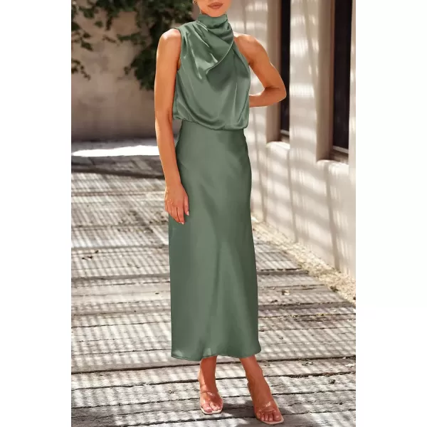 imagePRETTYGARDEN Womens 2024 Summer Satin Dress Elegant Sleeveless Mock Neck Cocktail Party Maxi DressesArmy Green