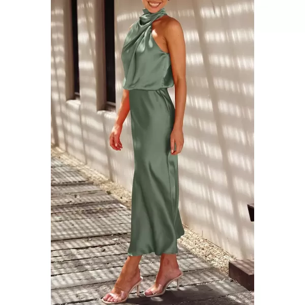 imagePRETTYGARDEN Womens 2024 Summer Satin Dress Elegant Sleeveless Mock Neck Cocktail Party Maxi DressesArmy Green
