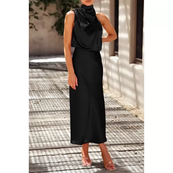 imagePRETTYGARDEN Womens 2024 Summer Satin Dress Elegant Sleeveless Mock Neck Cocktail Party Maxi DressesBlack
