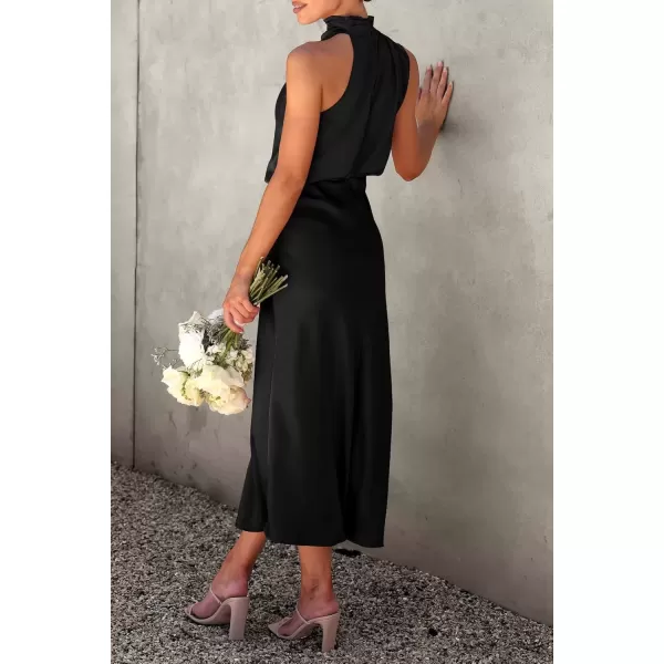 imagePRETTYGARDEN Womens 2024 Summer Satin Dress Elegant Sleeveless Mock Neck Cocktail Party Maxi DressesBlack