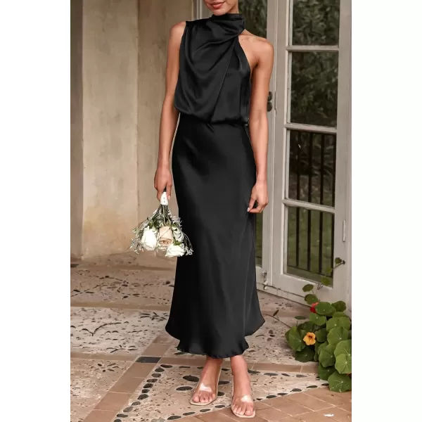 imagePRETTYGARDEN Womens 2024 Summer Satin Dress Elegant Sleeveless Mock Neck Cocktail Party Maxi DressesBlack