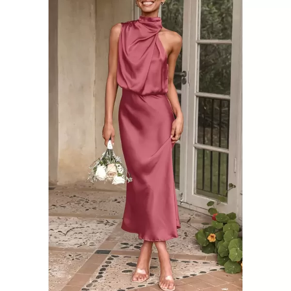 imagePRETTYGARDEN Womens 2024 Summer Satin Dress Elegant Sleeveless Mock Neck Cocktail Party Maxi DressesBrick Red