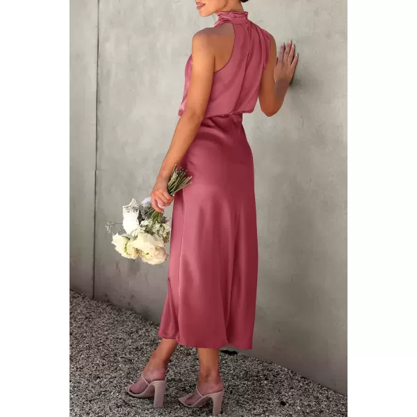 imagePRETTYGARDEN Womens 2024 Summer Satin Dress Elegant Sleeveless Mock Neck Cocktail Party Maxi DressesBrick Red