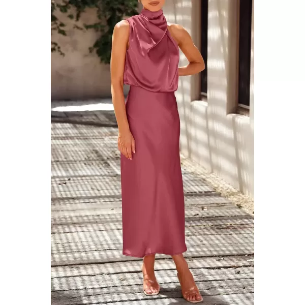 imagePRETTYGARDEN Womens 2024 Summer Satin Dress Elegant Sleeveless Mock Neck Cocktail Party Maxi DressesBrick Red