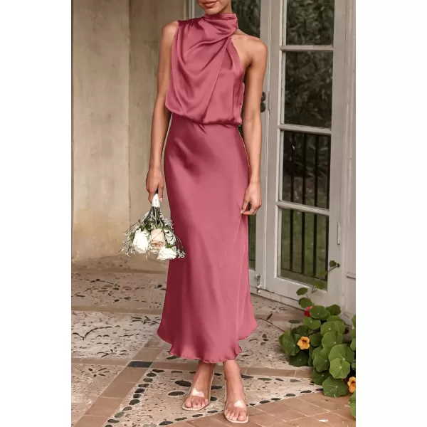 imagePRETTYGARDEN Womens 2024 Summer Satin Dress Elegant Sleeveless Mock Neck Cocktail Party Maxi DressesBrick Red