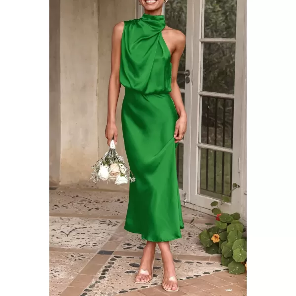imagePRETTYGARDEN Womens 2024 Summer Satin Dress Elegant Sleeveless Mock Neck Cocktail Party Maxi DressesBright Green