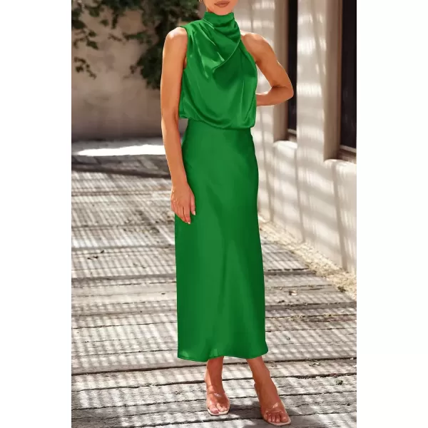 imagePRETTYGARDEN Womens 2024 Summer Satin Dress Elegant Sleeveless Mock Neck Cocktail Party Maxi DressesBright Green