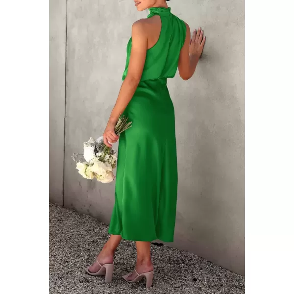 imagePRETTYGARDEN Womens 2024 Summer Satin Dress Elegant Sleeveless Mock Neck Cocktail Party Maxi DressesBright Green