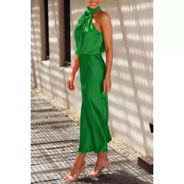 imagePRETTYGARDEN Womens 2024 Summer Satin Dress Elegant Sleeveless Mock Neck Cocktail Party Maxi DressesBright Green