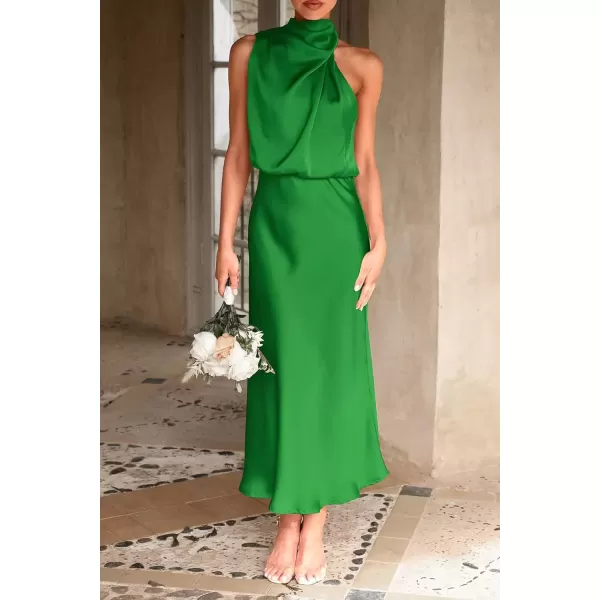 imagePRETTYGARDEN Womens 2024 Summer Satin Dress Elegant Sleeveless Mock Neck Cocktail Party Maxi DressesBright Green