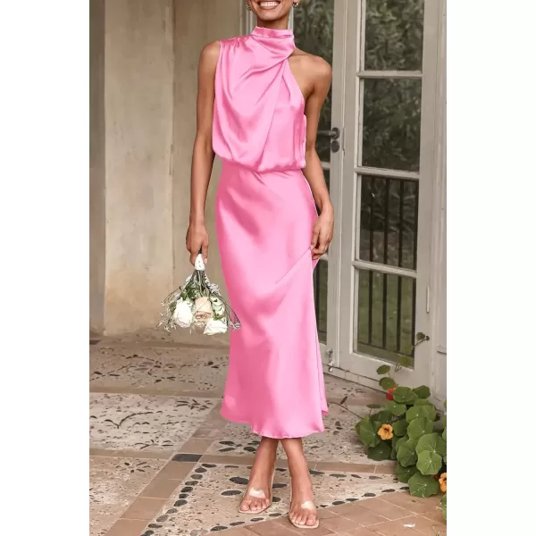 imagePRETTYGARDEN Womens 2024 Summer Satin Dress Elegant Sleeveless Mock Neck Cocktail Party Maxi DressesBright Pink