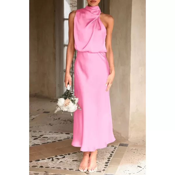 imagePRETTYGARDEN Womens 2024 Summer Satin Dress Elegant Sleeveless Mock Neck Cocktail Party Maxi DressesBright Pink