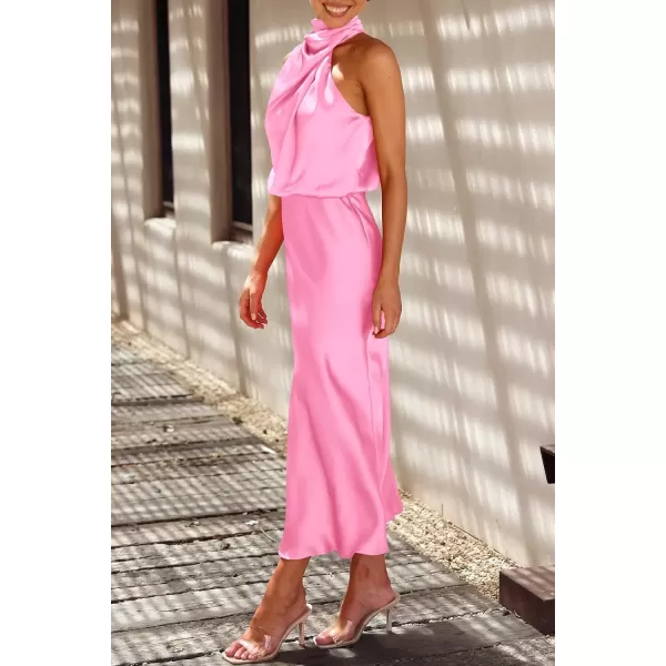 imagePRETTYGARDEN Womens 2024 Summer Satin Dress Elegant Sleeveless Mock Neck Cocktail Party Maxi DressesBright Pink