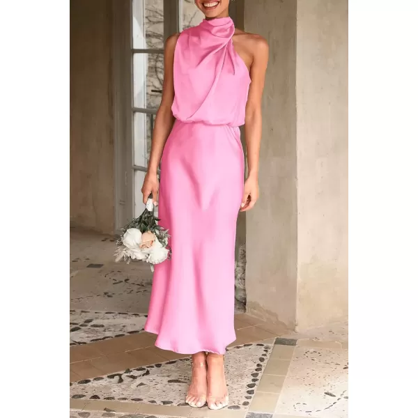 imagePRETTYGARDEN Womens 2024 Summer Satin Dress Elegant Sleeveless Mock Neck Cocktail Party Maxi DressesBright Pink