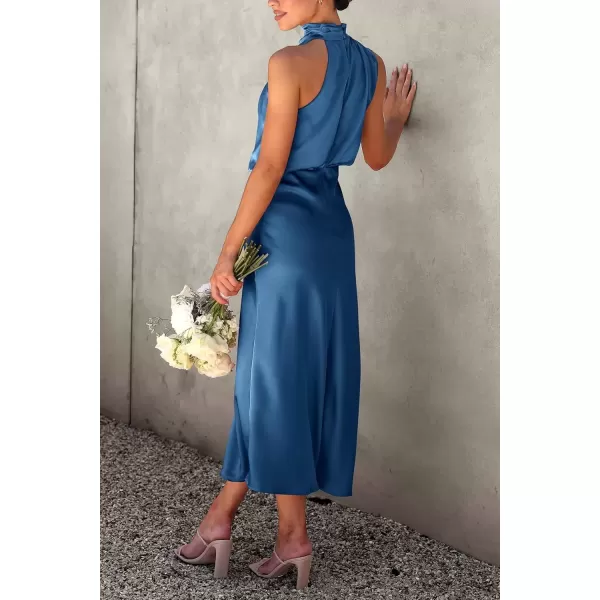 imagePRETTYGARDEN Womens 2024 Summer Satin Dress Elegant Sleeveless Mock Neck Cocktail Party Maxi DressesDark Blue