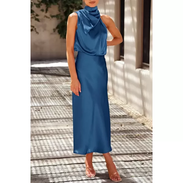 imagePRETTYGARDEN Womens 2024 Summer Satin Dress Elegant Sleeveless Mock Neck Cocktail Party Maxi DressesDark Blue