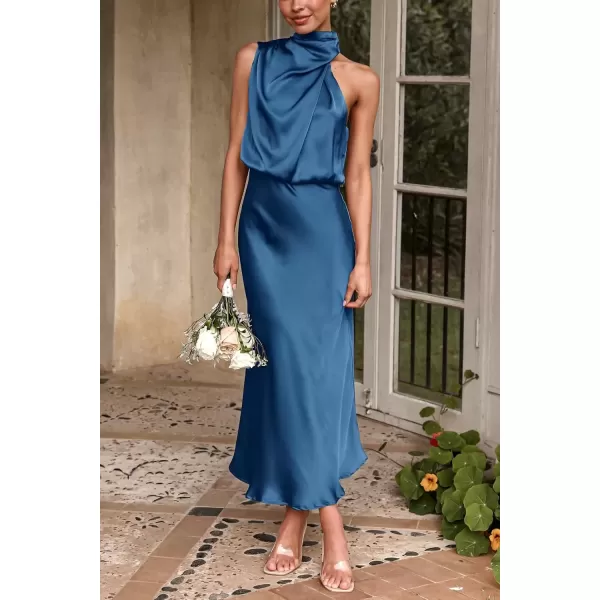 imagePRETTYGARDEN Womens 2024 Summer Satin Dress Elegant Sleeveless Mock Neck Cocktail Party Maxi DressesDark Blue