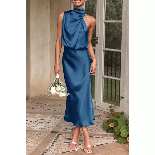 imagePRETTYGARDEN Womens 2024 Summer Satin Dress Elegant Sleeveless Mock Neck Cocktail Party Maxi DressesDark Blue
