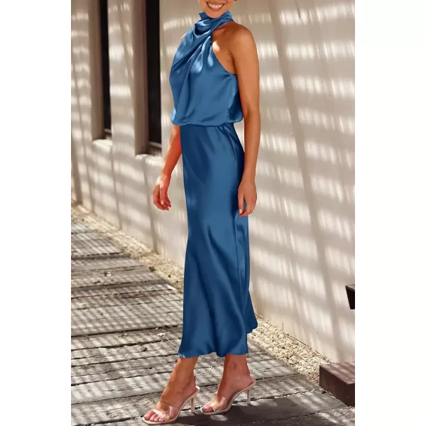 imagePRETTYGARDEN Womens 2024 Summer Satin Dress Elegant Sleeveless Mock Neck Cocktail Party Maxi DressesDark Blue