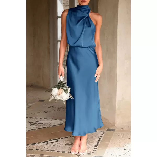 imagePRETTYGARDEN Womens 2024 Summer Satin Dress Elegant Sleeveless Mock Neck Cocktail Party Maxi DressesDark Blue