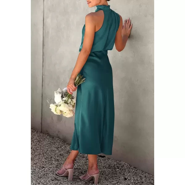 imagePRETTYGARDEN Womens 2024 Summer Satin Dress Elegant Sleeveless Mock Neck Cocktail Party Maxi DressesDark Green