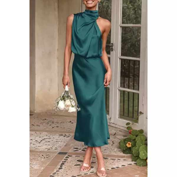 imagePRETTYGARDEN Womens 2024 Summer Satin Dress Elegant Sleeveless Mock Neck Cocktail Party Maxi DressesDark Green