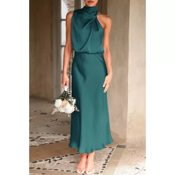 imagePRETTYGARDEN Womens 2024 Summer Satin Dress Elegant Sleeveless Mock Neck Cocktail Party Maxi DressesDark Green