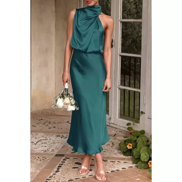 imagePRETTYGARDEN Womens 2024 Summer Satin Dress Elegant Sleeveless Mock Neck Cocktail Party Maxi DressesDark Green