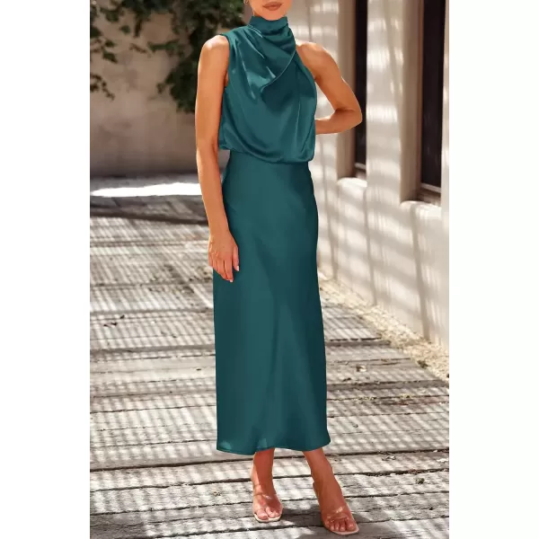 imagePRETTYGARDEN Womens 2024 Summer Satin Dress Elegant Sleeveless Mock Neck Cocktail Party Maxi DressesDark Green