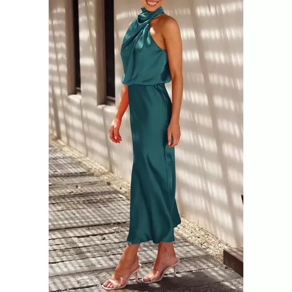 imagePRETTYGARDEN Womens 2024 Summer Satin Dress Elegant Sleeveless Mock Neck Cocktail Party Maxi DressesDark Green