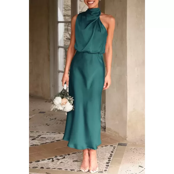 imagePRETTYGARDEN Womens 2024 Summer Satin Dress Elegant Sleeveless Mock Neck Cocktail Party Maxi DressesDark Green