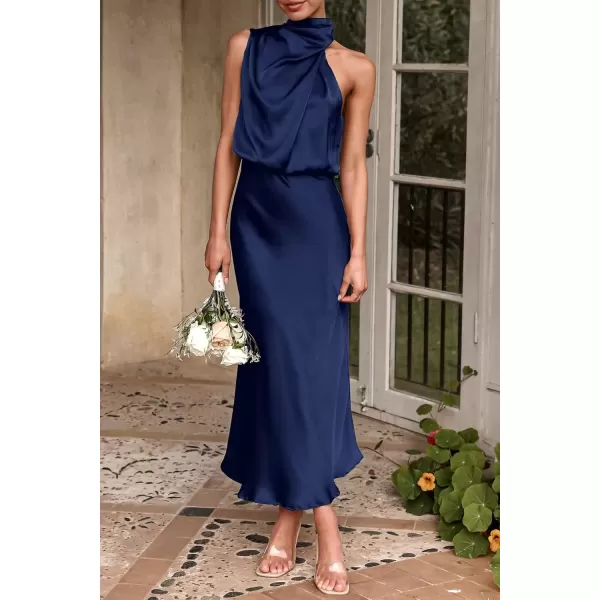 imagePRETTYGARDEN Womens 2024 Summer Satin Dress Elegant Sleeveless Mock Neck Cocktail Party Maxi DressesDark Navy