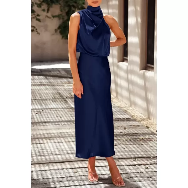 imagePRETTYGARDEN Womens 2024 Summer Satin Dress Elegant Sleeveless Mock Neck Cocktail Party Maxi DressesDark Navy