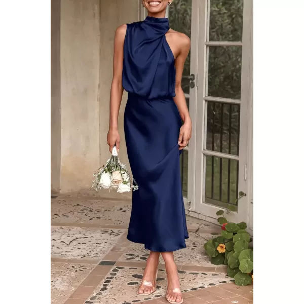 imagePRETTYGARDEN Womens 2024 Summer Satin Dress Elegant Sleeveless Mock Neck Cocktail Party Maxi DressesDark Navy