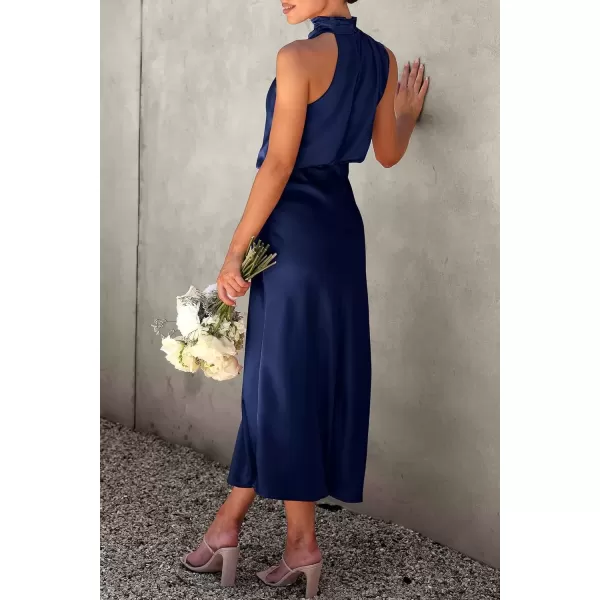 imagePRETTYGARDEN Womens 2024 Summer Satin Dress Elegant Sleeveless Mock Neck Cocktail Party Maxi DressesDark Navy