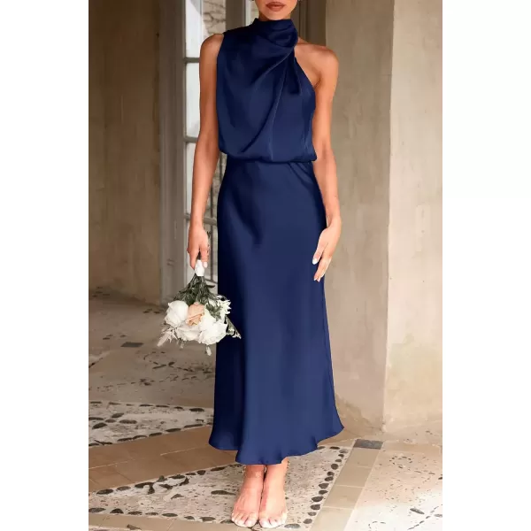 imagePRETTYGARDEN Womens 2024 Summer Satin Dress Elegant Sleeveless Mock Neck Cocktail Party Maxi DressesDark Navy