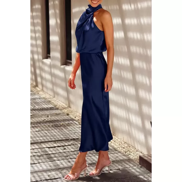 imagePRETTYGARDEN Womens 2024 Summer Satin Dress Elegant Sleeveless Mock Neck Cocktail Party Maxi DressesDark Navy