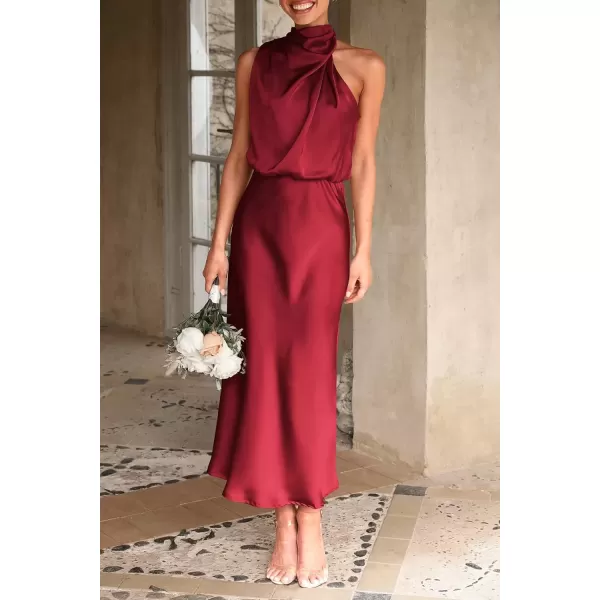 imagePRETTYGARDEN Womens 2024 Summer Satin Dress Elegant Sleeveless Mock Neck Cocktail Party Maxi DressesDark Wine Red