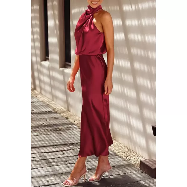 imagePRETTYGARDEN Womens 2024 Summer Satin Dress Elegant Sleeveless Mock Neck Cocktail Party Maxi DressesDark Wine Red