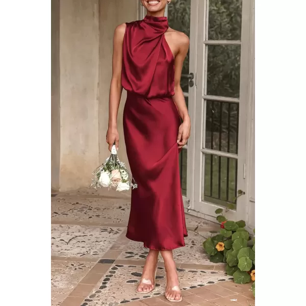 imagePRETTYGARDEN Womens 2024 Summer Satin Dress Elegant Sleeveless Mock Neck Cocktail Party Maxi DressesDark Wine Red