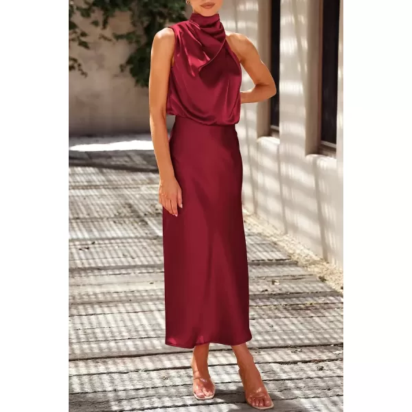 imagePRETTYGARDEN Womens 2024 Summer Satin Dress Elegant Sleeveless Mock Neck Cocktail Party Maxi DressesDark Wine Red