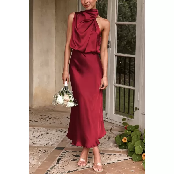 imagePRETTYGARDEN Womens 2024 Summer Satin Dress Elegant Sleeveless Mock Neck Cocktail Party Maxi DressesDark Wine Red