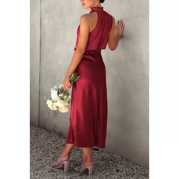 imagePRETTYGARDEN Womens 2024 Summer Satin Dress Elegant Sleeveless Mock Neck Cocktail Party Maxi DressesDark Wine Red