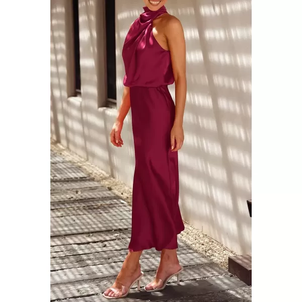 imagePRETTYGARDEN Womens 2024 Summer Satin Dress Elegant Sleeveless Mock Neck Cocktail Party Maxi DressesDeep Red