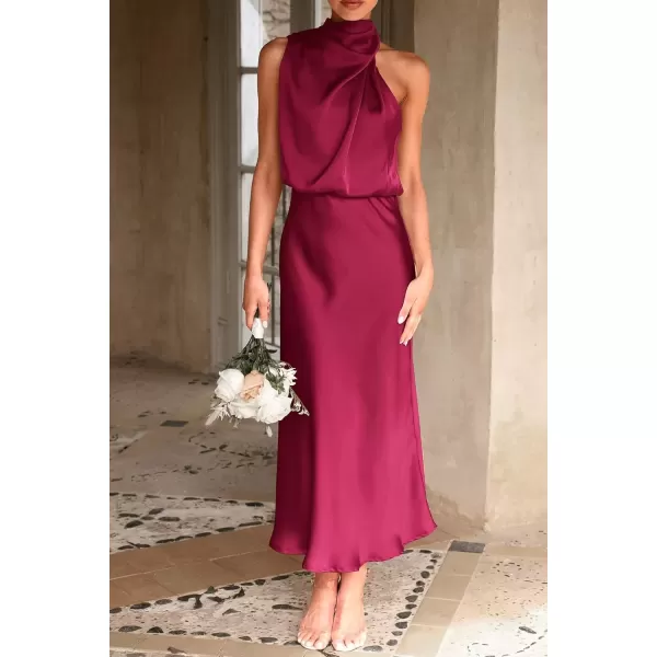 imagePRETTYGARDEN Womens 2024 Summer Satin Dress Elegant Sleeveless Mock Neck Cocktail Party Maxi DressesDeep Red
