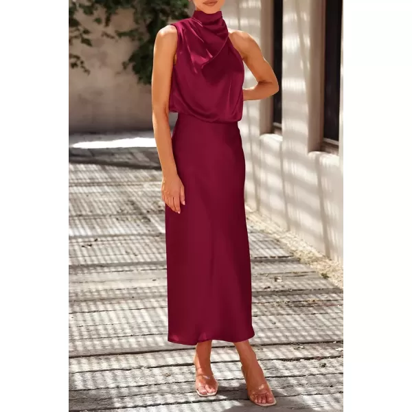 imagePRETTYGARDEN Womens 2024 Summer Satin Dress Elegant Sleeveless Mock Neck Cocktail Party Maxi DressesDeep Red