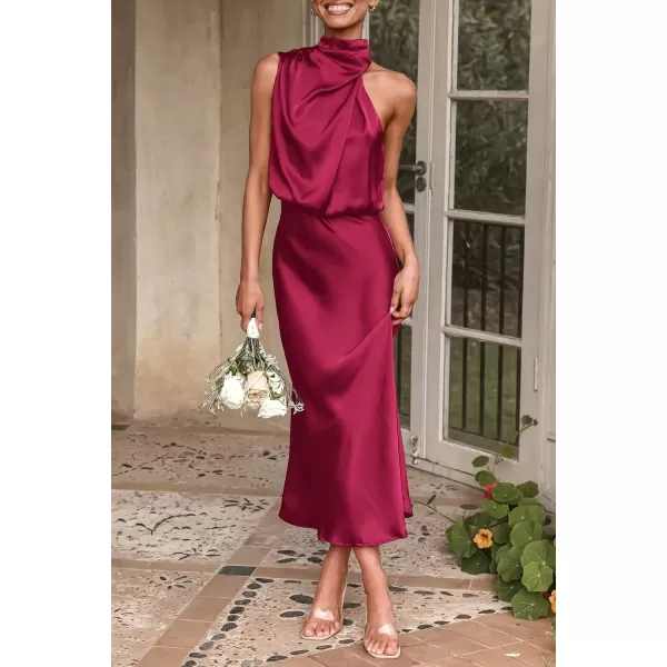 imagePRETTYGARDEN Womens 2024 Summer Satin Dress Elegant Sleeveless Mock Neck Cocktail Party Maxi DressesDeep Red