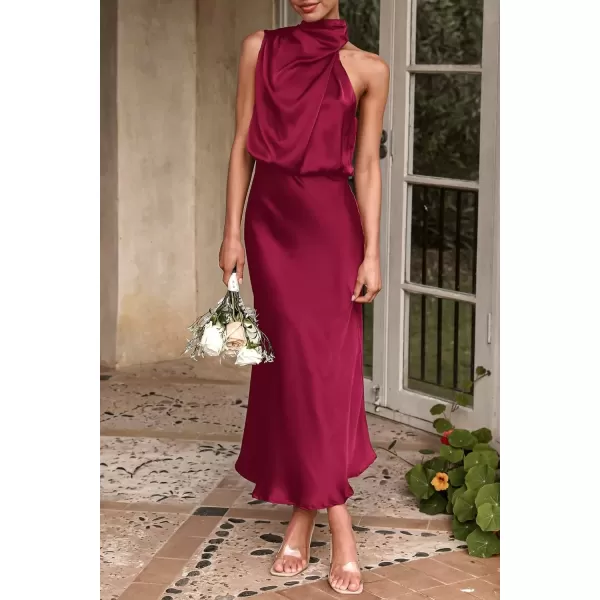 imagePRETTYGARDEN Womens 2024 Summer Satin Dress Elegant Sleeveless Mock Neck Cocktail Party Maxi DressesDeep Red