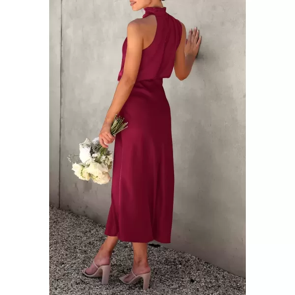 imagePRETTYGARDEN Womens 2024 Summer Satin Dress Elegant Sleeveless Mock Neck Cocktail Party Maxi DressesDeep Red